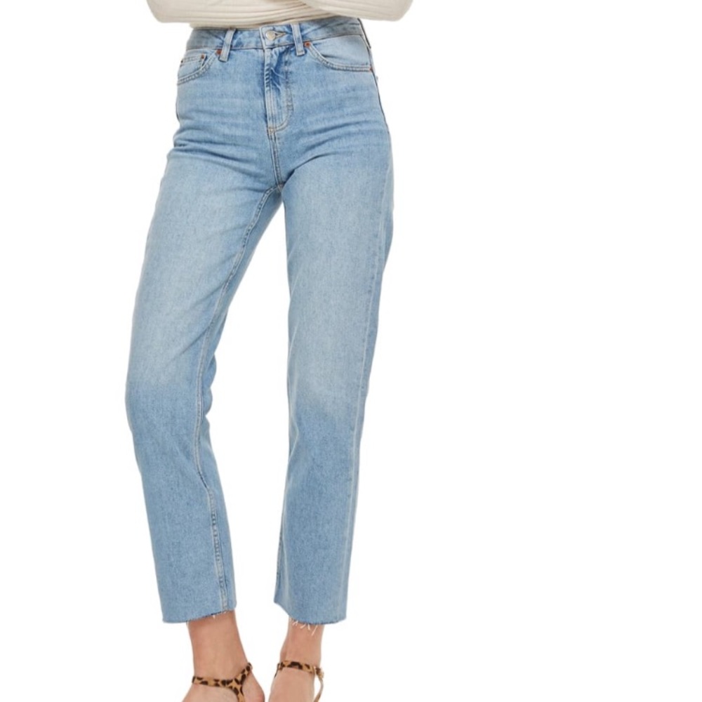 Topshop high waist raw hem straight leg jeans